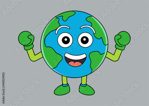 Animated Earth: The animated Earth cheerfully raises its arms and smiles, the globe represents the entire planet with a friendly and approachable demeanor