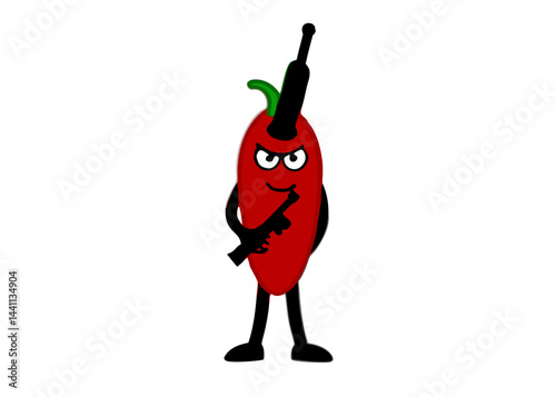 Chili Pepper with Gun : A red chili pepper character armed with a gun. A playful, and slightly rebellious illustration of a common foodstuff.