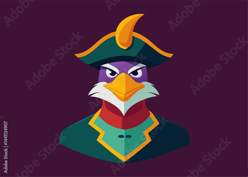 Majestic Bird Pirate Illustration: A commanding illustration depicts a stylized bird figure adorned in a striking pirate hat, exuding a confident persona within a captivating visual.
