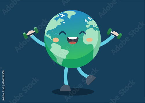Earth's Fitness: A charming, personified planet Earth exercises with small dumbbells, emphasizing global well-being and health in a playful illustration.