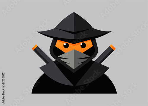 Ninja Icon: An icon depicting a  ninja with  a mask and a katana swords on a gray background.  