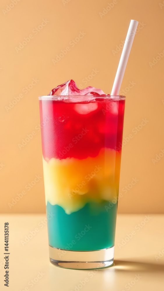 Multicolored cold drink with a straw with cream on a light background beige, copy space. vertical