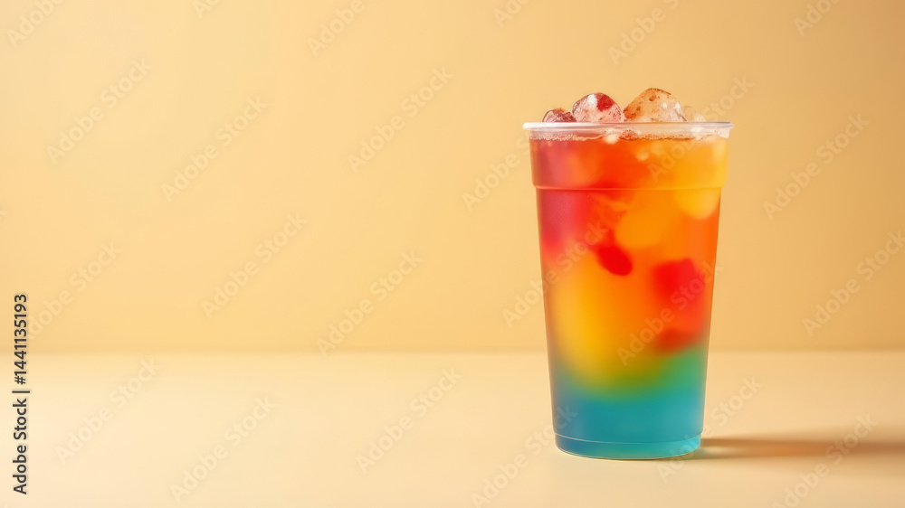 Multicolored cold drink on a light background beige, copy space