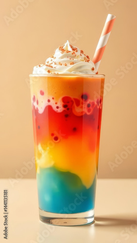Multicolored cold drink with a straw with cream on a light background beige, copy space, vertical