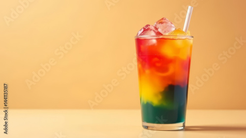 Obraz na płótnie Multicolored cold drink with a straw on a light background beige, copy space w salonie