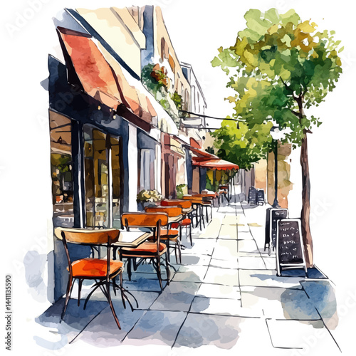 Modern Urban Street Lined With Cafes, watercolor vector, isolated on a white background.