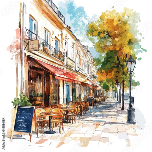 Modern Urban Street Lined With Cafes, vector watercolor illustration, isolated on a white background.