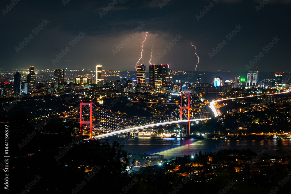 Fototapeta premium Bosphorus Bridge and lightening in Istanbul, Turkiye