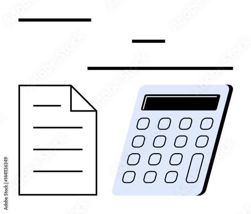 Calculator and document arranged for financial tasks, budgeting, and math work. Ideal for accounting, bookkeeping, finance, education, planning analytics technology. Flat simple metaphor