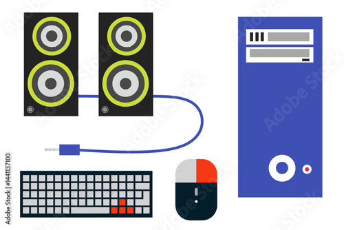 Set of Computer Part like Speaker and Jack, CPU Case, Keyboard, Mouse