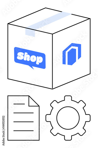 Box labeled Shop, gear, and document symbolize shipping, e-commerce, operations, and logistics. Ideal for retail, trade delivery warehousing digital platforms automation and workflow. Flat