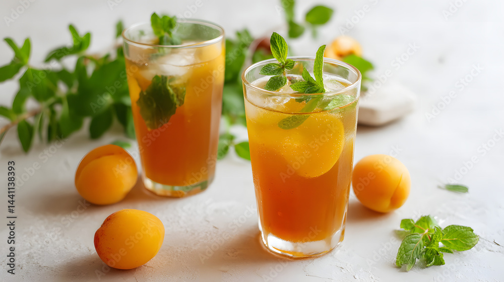 Fototapeta premium Refreshing summer drinks with apricots and mint served on a sunny afternoon