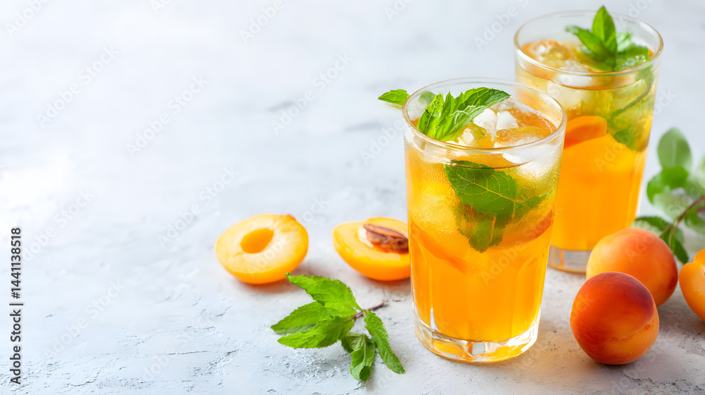 Fototapeta premium Refreshing summer drinks with apricots and mint served on a sunny afternoon