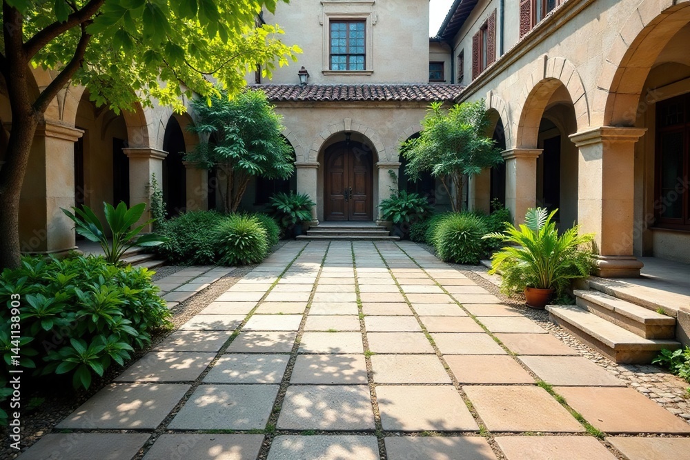 Fototapeta premium Symmetrical arrangement of paving stones in a courtyard, shape, construction
