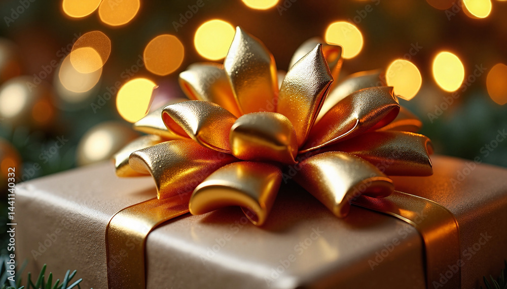 Festive gift box adorned with golden ribbon against bokeh lights, Golden Bow, Black Friday
