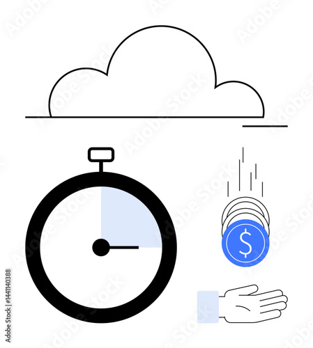Stopwatch next to cloud icon and coins falling into a hand. Ideal for time management, savings, cloud storage, efficiency, technology, finance, and a simple landing page