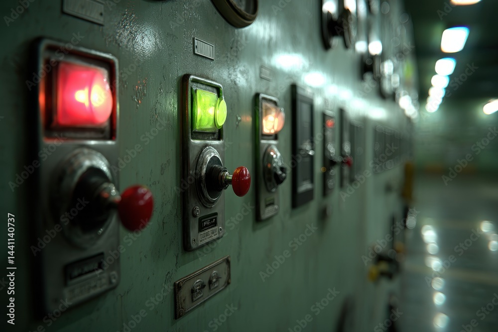 A close-up view of an industrial control panel with switches, buttons, and indicator lights, suggesting complex machinery and technological operation, green color. A close-up view of an industrial control panel with switches, buttons, and indicator lights, suggesting complex machinery and technological operation, green color.