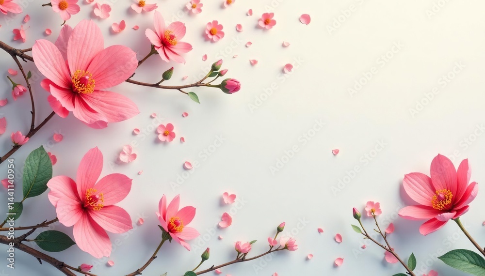 Fototapeta premium Scattered single blooms, stylized leaves, light color palette, abstract, pattern