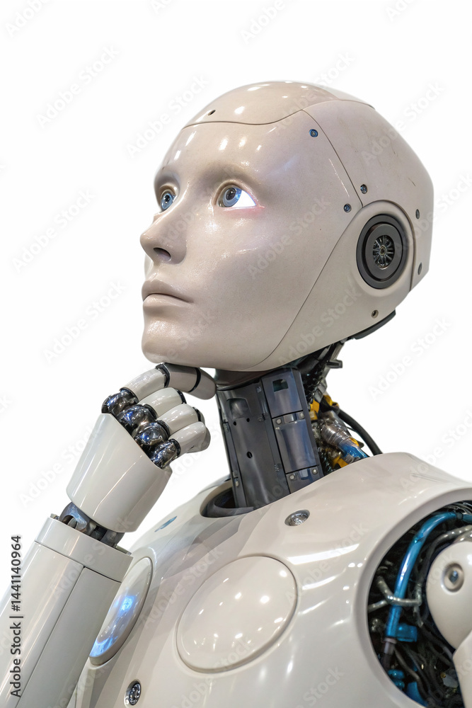 Naklejka premium Introspective AI Robot with Its Hand on Chin, Looking Thoughtfully Upward.