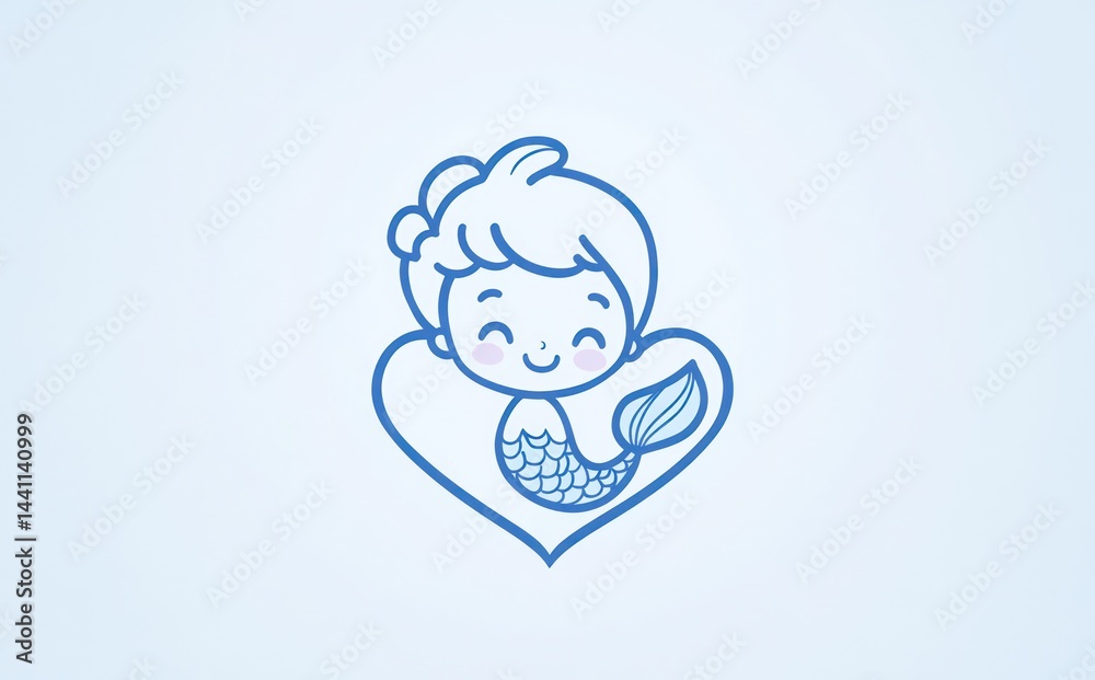 Cute cartoon mermaid in heart, adorable outline design, possible for children's products Cute cartoon mermaid in heart, adorable outline design, possible for children's products