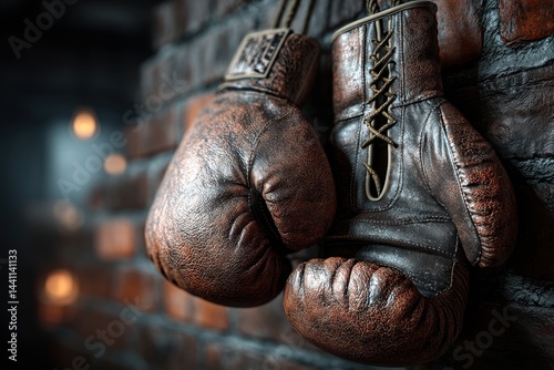 A pair of vintage leather boxing gloves hang against a textured brick wall, showcasing aged details and rugged charm, evocative of boxing history and tradition.