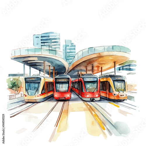 Modern City Transport Hubs, vector watercolor illustration, isolated on a white background.