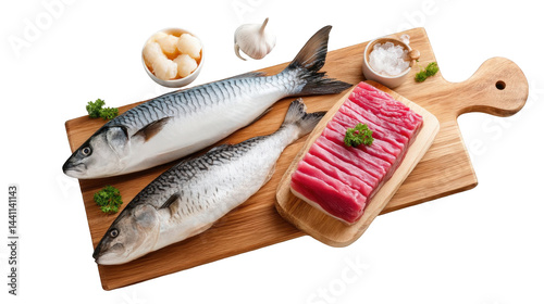 Fresh seafood display featuring whole fish and tuna on a wooden cutting board with garlic photo