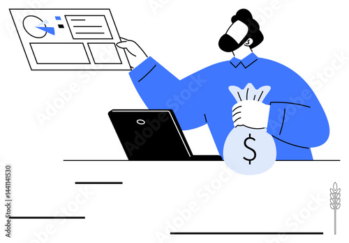 Man holding financial data chart while securing a money bag near laptop. Ideal for business growth, strategy, finance, success, planning, profit, analysis. Flat simple metaphor