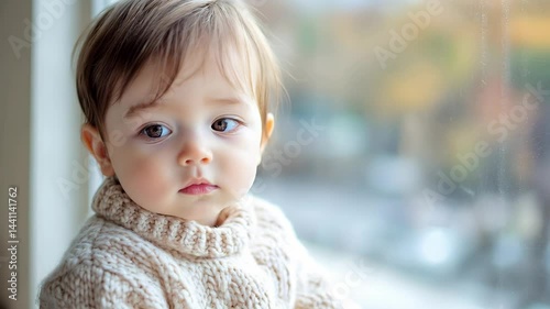 A baby in a warm sweater gazes out the window with big, tender eyes.

