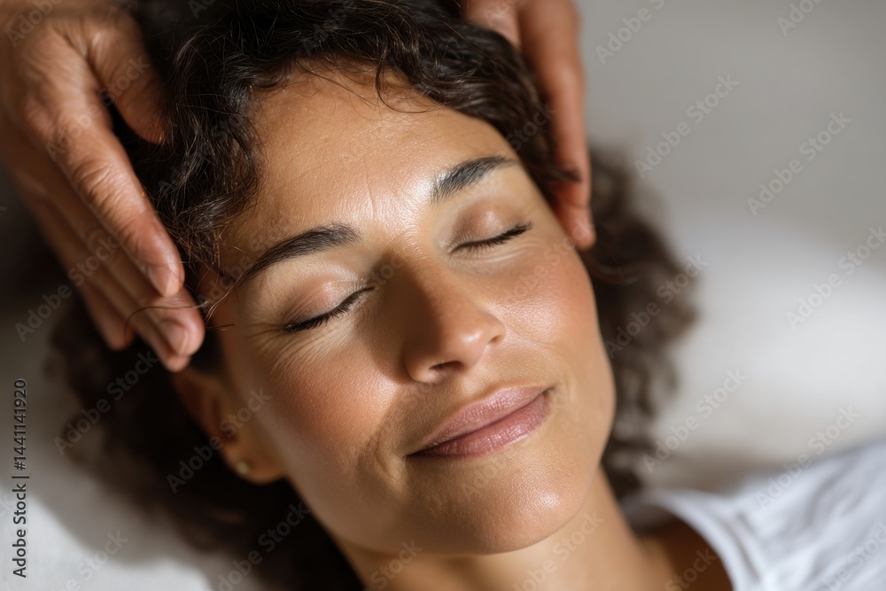 A close-up of a woman receiving a relaxing head massage, eyes closed in serene bliss, enjoying the soothing touch and therapeutic benefits of the spa treatment. A close-up of a woman receiving a relaxing head massage, eyes closed in serene bliss, enjoying the soothing touch and therapeutic benefits of the spa treatment.
