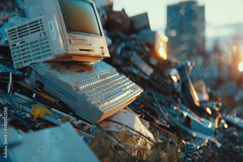 A discarded vintage computer and keyboard amidst electronic waste create a scene of technological obsolescence and the impact of e-waste on the environment.