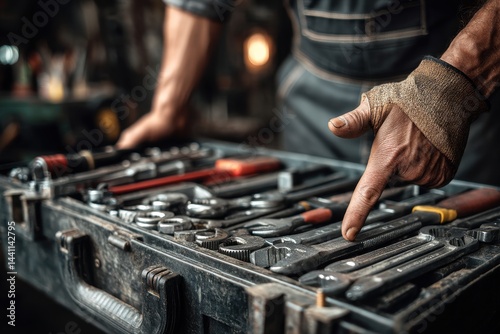 A skilled mechanic selecting a wrench from a well-organized toolbox filled with a variety of tools, demonstrating precision and expertise in his craft, detail shot.