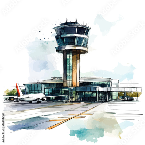 Modern Airport Terminal, watercolor vector, isolated on a white background.
