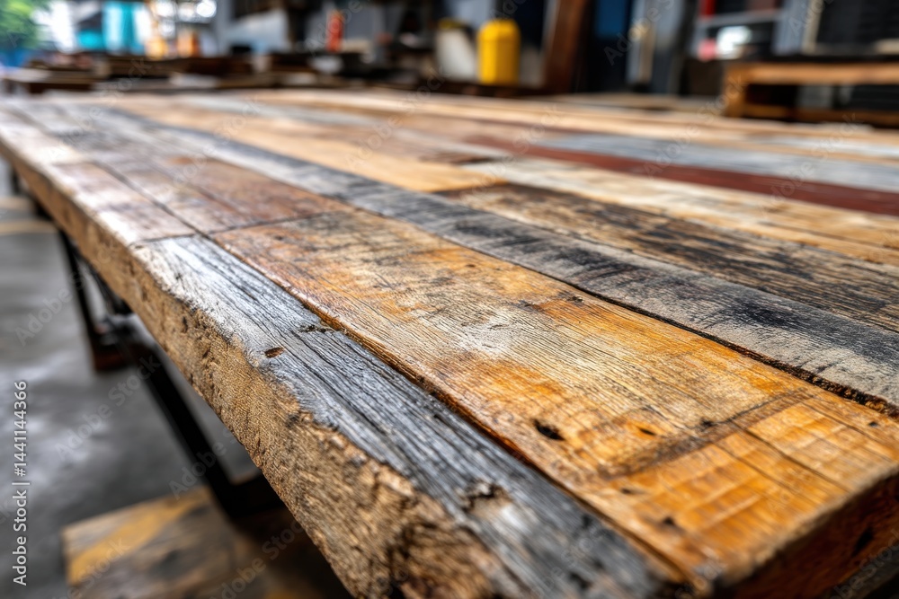 A rustic wooden surface featuring a collection of weathered boards with varied tones, creating a textured pattern with an industrial backdrop. Close-up shot. A rustic wooden surface featuring a collection of weathered boards with varied tones, creating a textured pattern with an industrial backdrop. Close-up shot.