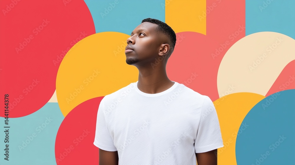 Man in white t-shirt against colorful background