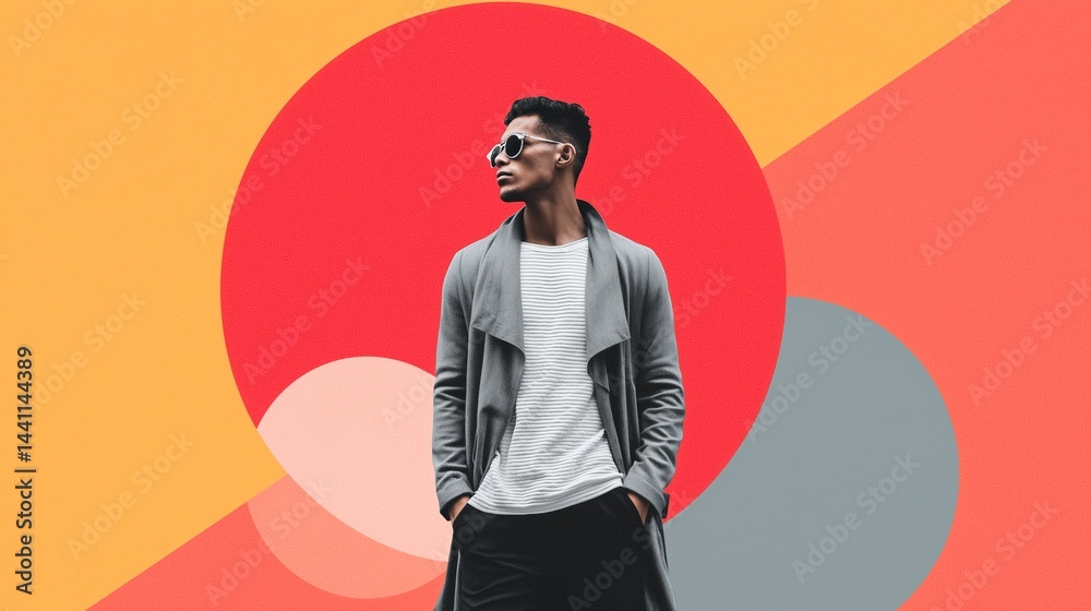 Stylish man in sunglasses standing against a colorful background