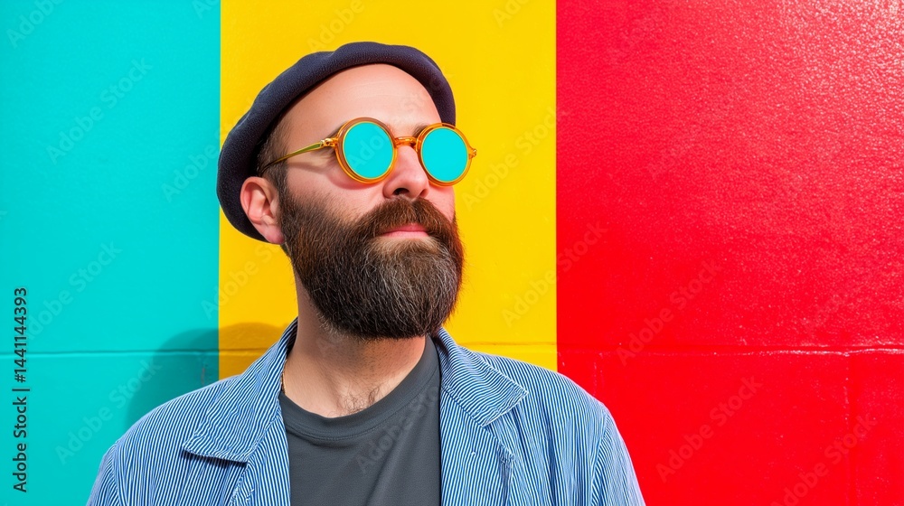 Stylish man with a beard and colorful sunglasses against a vibrant wall