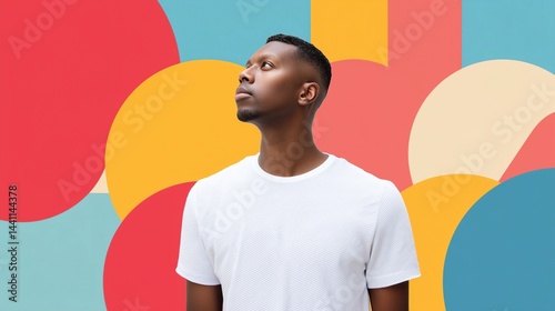 Obraz na płótnie Man in white t-shirt against colorful background w salonie