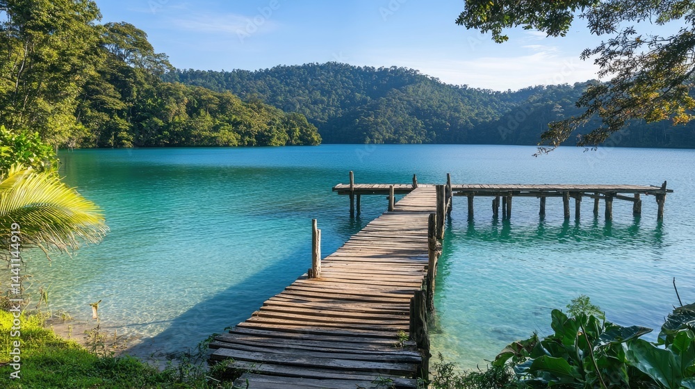 Naklejka premium Wooden dock extending out to the turquoise waters of a tropical island lagoon