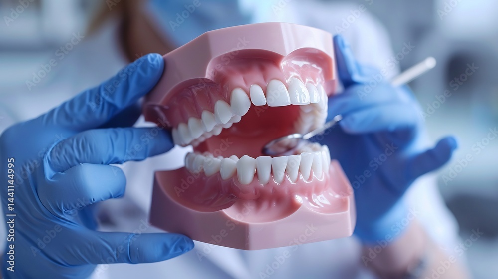 Dentist demonstrating proper brushing techniques on a model Dentist demonstrating proper brushing techniques on a model