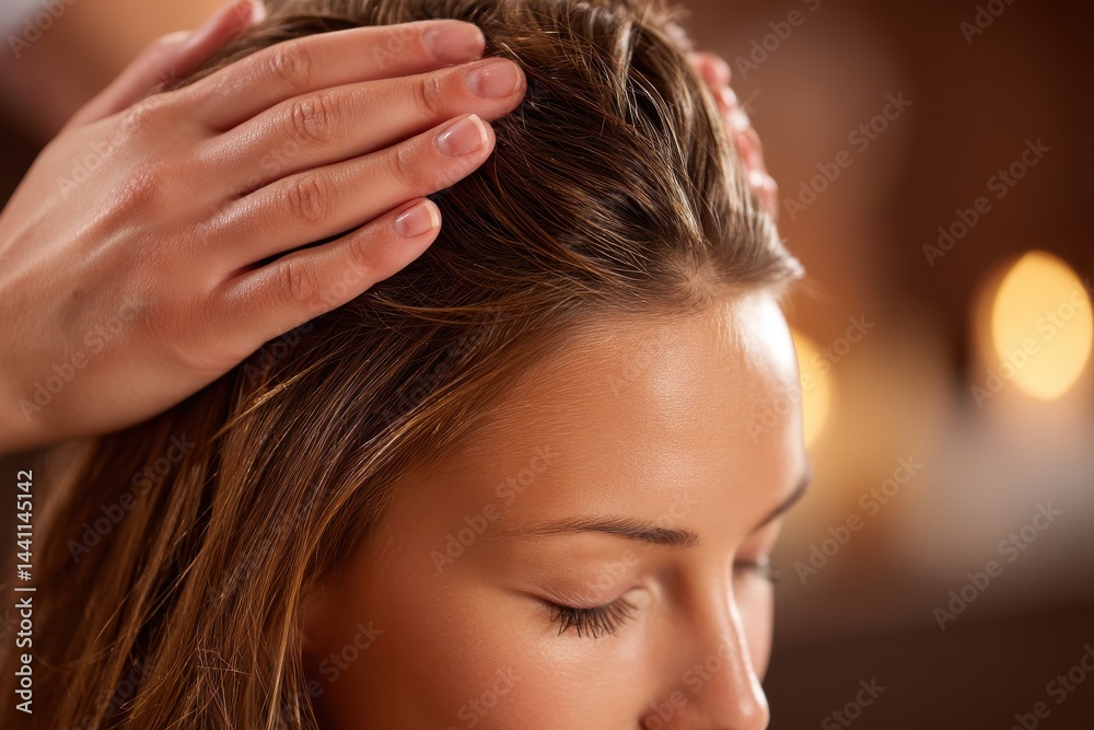 Fototapeta premium A relaxing head massage at a spa, with a woman enjoying a gentle touch and soothing treatment, promoting wellness, and rejuvenation in a tranquil atmosphere.