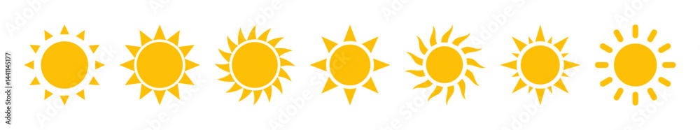 Set of yellow sun icons in flat vector style with unique ray designs. Perfect for weather apps, summer themes, travel graphics, and UI elements. Isolated on white background. Set of yellow sun icons in flat vector style with unique ray designs. Perfect for weather apps, summer themes, travel graphics, and UI elements. Isolated on white background.