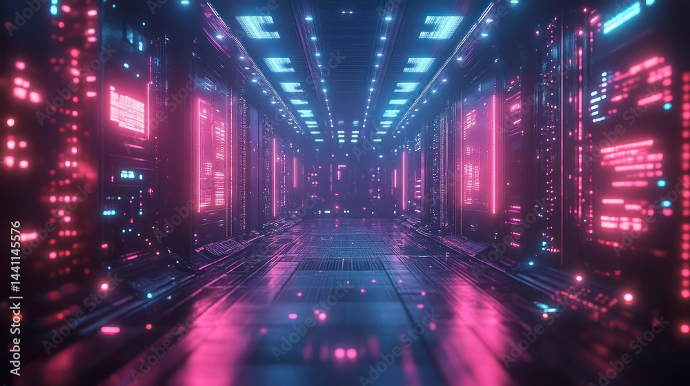 Futuristic Data Center Corridor with Neon Lights and HighTech Servers Futuristic Data Center Corridor with Neon Lights and HighTech Servers