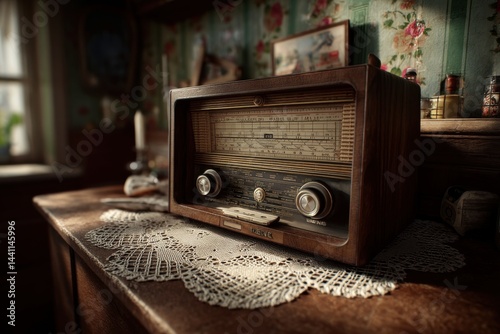 A vintage wooden radio set on an antique lace doily, capturing a nostalgic scene with floral wallpaper background and a classic aesthetic.