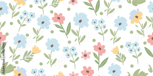 Vibrant floral seamless pattern with colorful leaves and blooming flowers representing botanical garden theme artistic spring inspired background for textile print or surface decor
