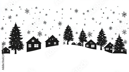 Winter Village Scene Snowy Landscape Black Silhouettes Houses Trees Festive Christmas Holiday Season Design Illustration Graphic Art Print Background Minimalist Simple Elegant Decoration Wintertime   