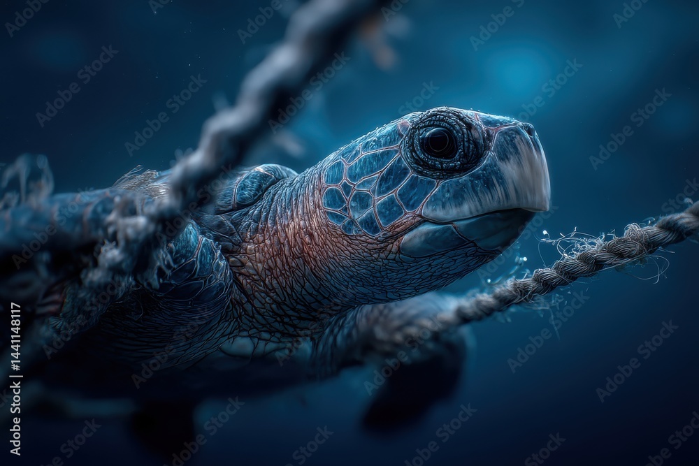 Fototapeta premium An underwater portrait of a sea turtle swimming with grace, captured in its natural ocean habitat with textured ropes, showcasing the intricate patterns on its shell.