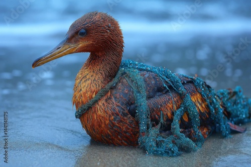 A heartbreaking scene of a Cormorant bird entangled in ocean plastic on a beach, highlighting the devastating impact of pollution on marine wildlife and urgent need for conservation.