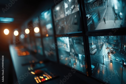 A surveillance control room with multiple monitors displaying city streets at night, showcasing urban monitoring, crime prevention, and public safety operations.
