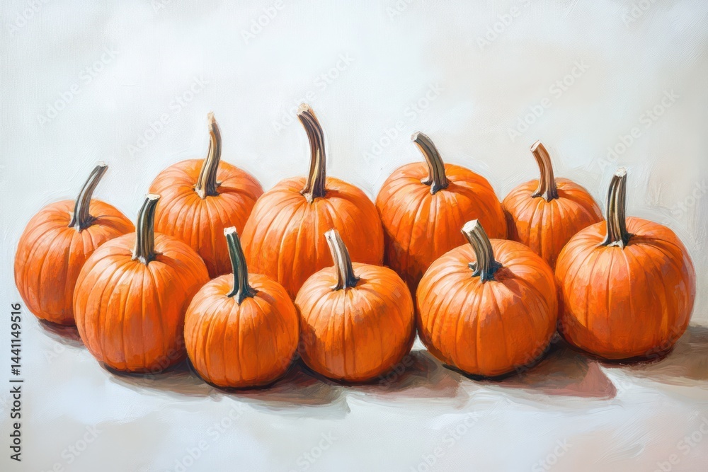 Still life of pumpkins. A group of small, round pumpkins, rich orange hue, arranged in a row on a light background, artfully rendered. Gentle light highlights the shapes and textures Still life of pumpkins. A group of small, round pumpkins, rich orange hue, arranged in a row on a light background, artfully rendered. Gentle light highlights the shapes and textures